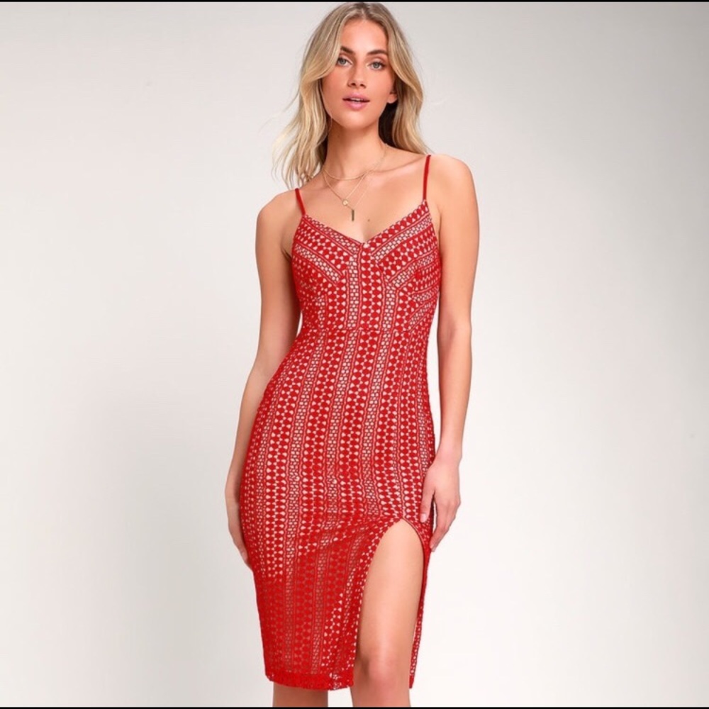 Rules Red Lace Bodycon Midi Dress